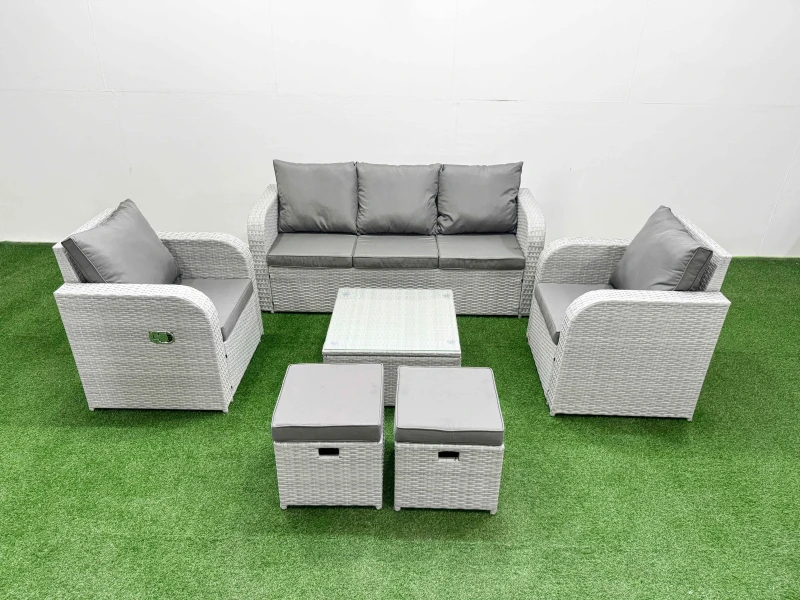 Image of Fimous PE Rattan Garden Furniture Set Reclining Chair Sofa Lounge Sofa Set Square Coffee Table 2 Small Stools Light Grey Light Grey