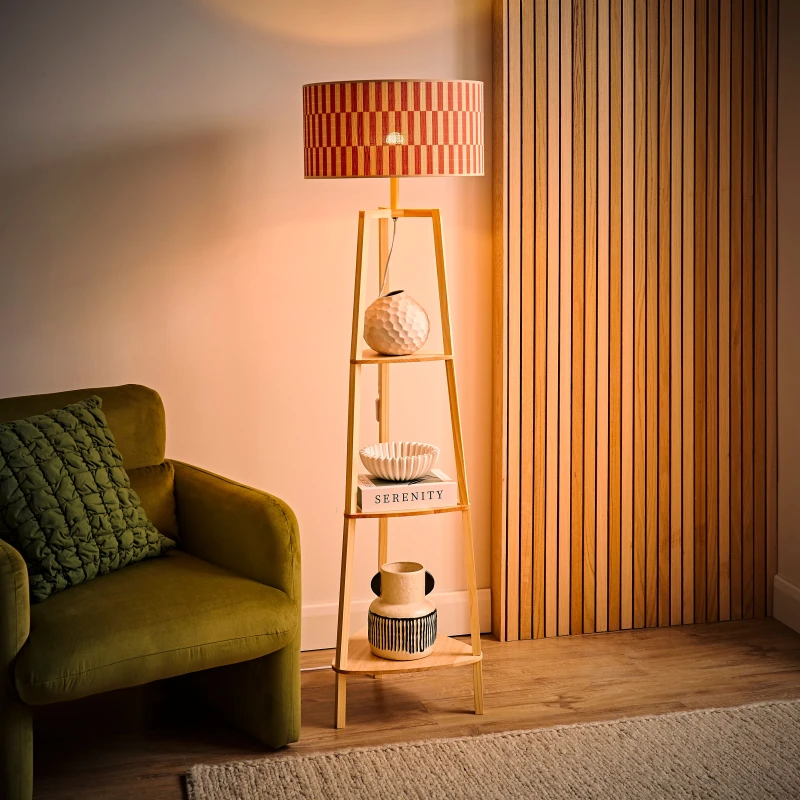 Image of ValueLights ValueLights Hiru Shelf Tripod Floor Lamp with Orange Checker Bamboo Shade and Bulb Orange One Size Unisex 5059406068935