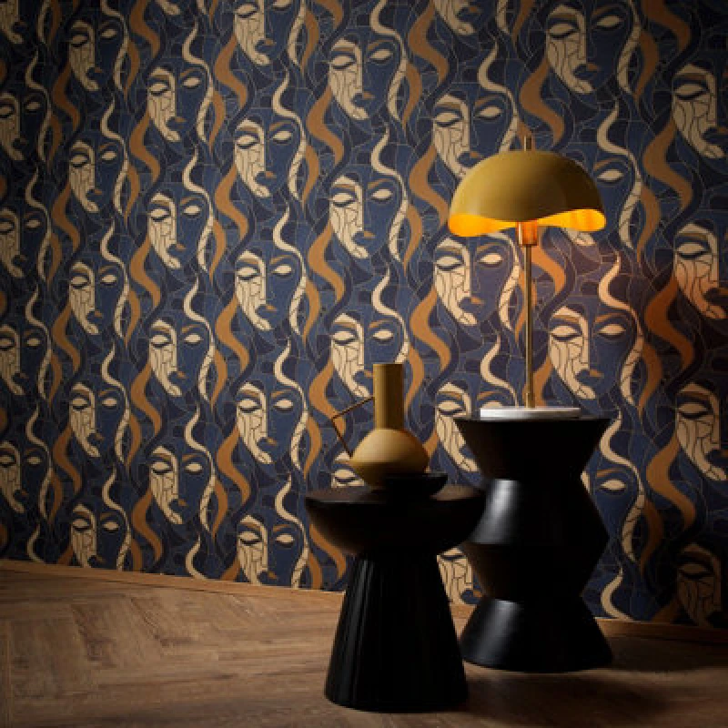 Image of Erismann Navy Blue Mosaic Faces Wallpaper Modern Contemporary Abstract, Blue WL-10458-08