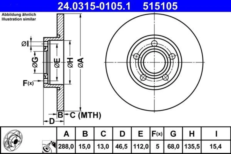Image of ATE 24.0315-0105.1 Brake disc solid, Coated, High-carbon Brake Disc (82)