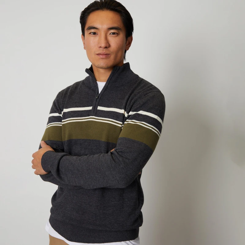 Image of Threadbare 'Bradley' Stripe Quarter Zip Knitted Jumper Charcoal