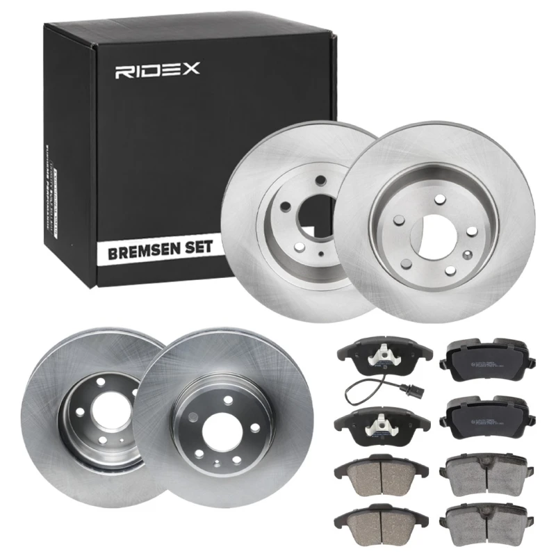 Image of RIDEX 3405B1761 Brake disc and pads set Rear Axle, Brake Disc Type: Solid, excl. wear warning contact Brake Set,disc brakes (3405)