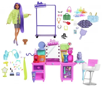 image of Barbie Extra Doll & Vanity Playset with Puppy & Accessories