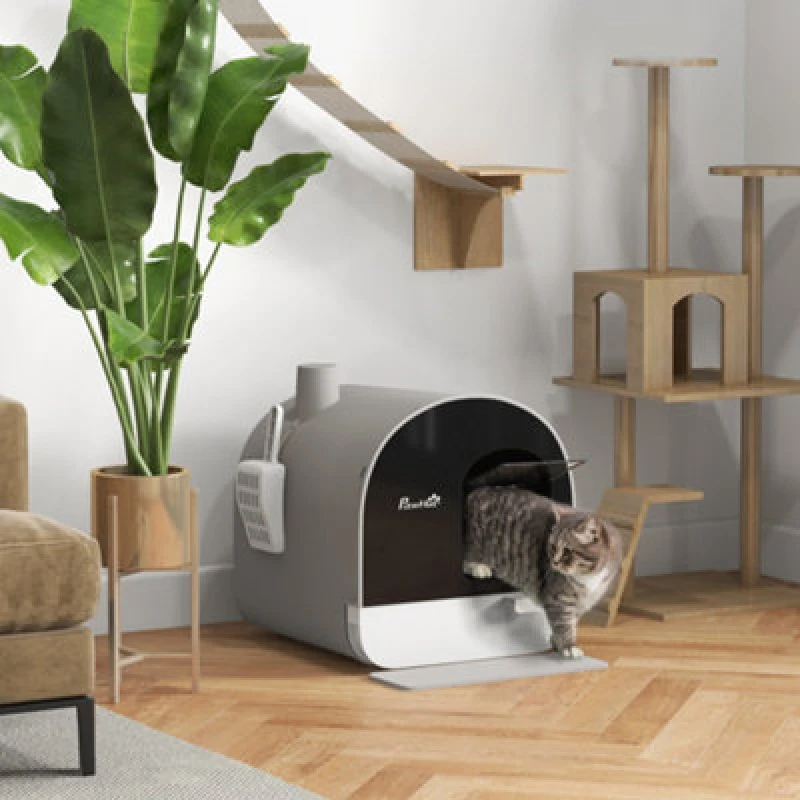 Image of PawHut PawHut Cat Litter Box Kitten Litter Tray w/Hood, Scoop, Filter, Flap Door Grey 5056725535797