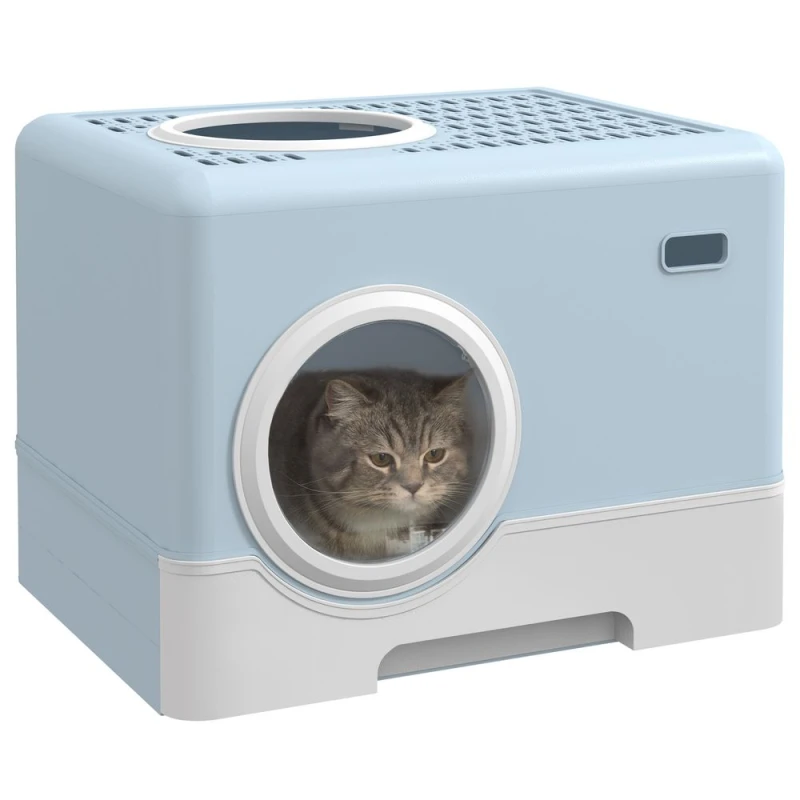 Image of PawHut Enclosed Cat Litter Tray with Lid, Front Entry - Blue D31-084V00BU