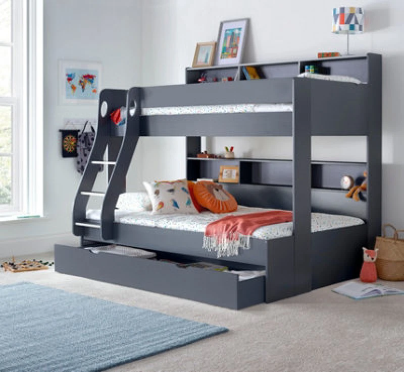 Image of Bedmaster Bedmaster Oliver Triple Sleeper Storage Bunk Bed With Drawer With Memory Foam Mattresses in Grey Size: Small Double Grey Small Double Unis