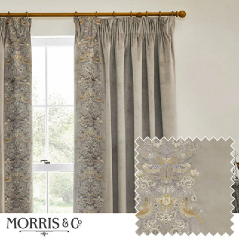 Image of Morris & Co Morris & Co Strawberry Thief Embroidery Embroidered Velvet Room Darkening Pencil Pleat Curtains in Beige Size: 168cm width x 137cm drop