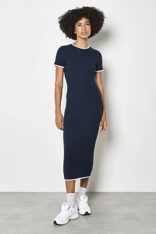 Image of Apricot Womens Cable Knit Contrast Trim Midi Dress in Navy Size: 16 Navy Female 16