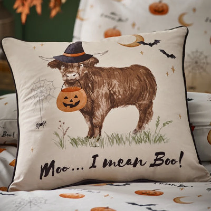 Image of Catherine Lansfield Halloween Highland Cow Soft Touch 45X45Cm Cushion Natural