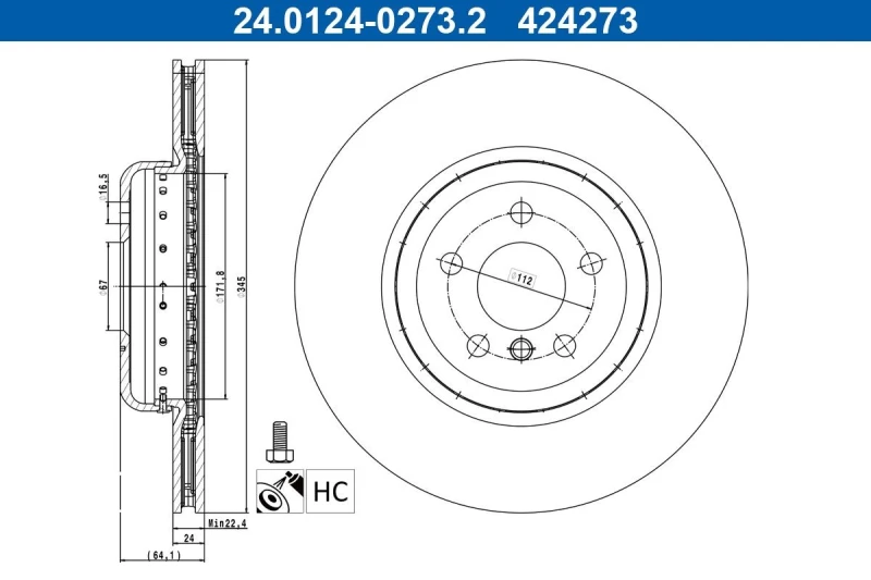 Image of Brake disc ATE 24.0124-0273.2