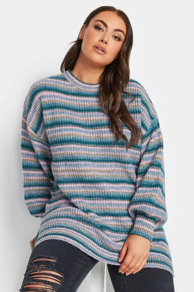 image of Yours Printed Knitted Jumper Teal