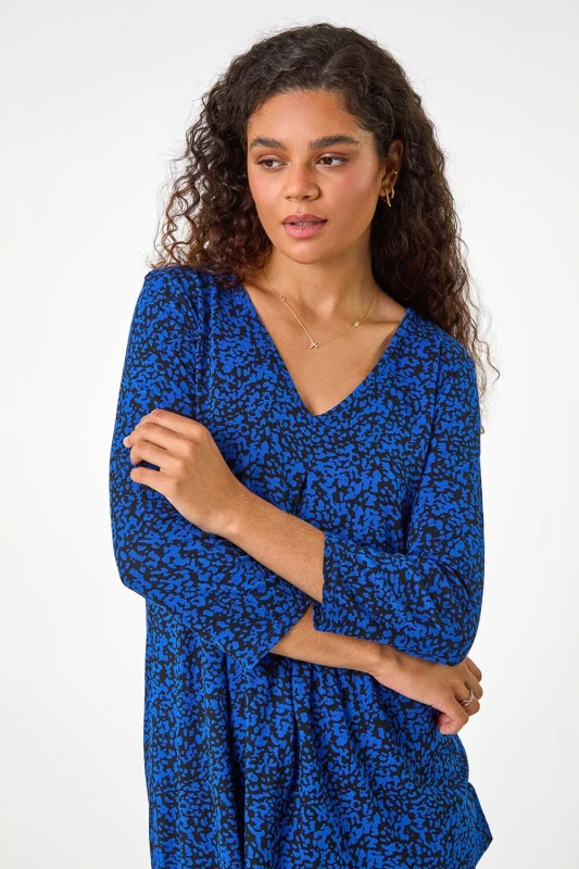 Image of Roman Abstract Print Pleat Front Tunic Top Royal