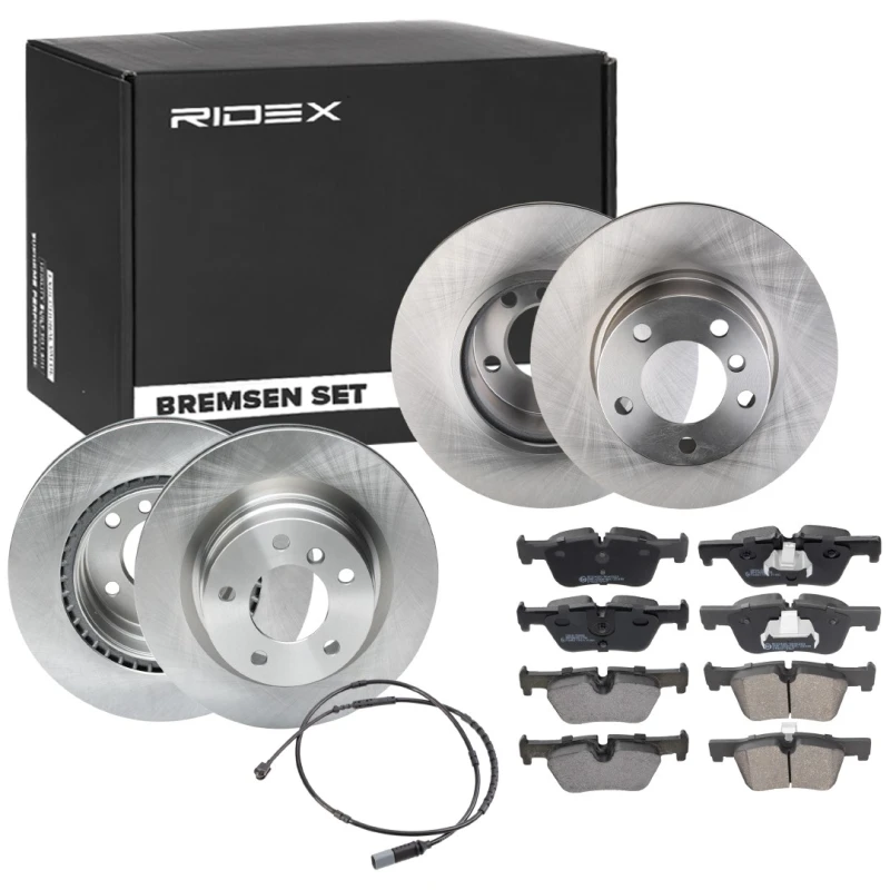 Image of RIDEX 3405B1727 Brake disc and pads set Rear Axle both sides, Brake Disc Type: Vented, prepared for wear warning indicator, with piston clip Brake Se