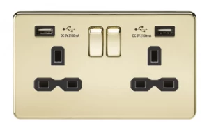 image of KnightsBridge 13A 2G Screwless Polished Brass 2G Switched Socket with Dual 5V USB Charger Ports - Black Insert