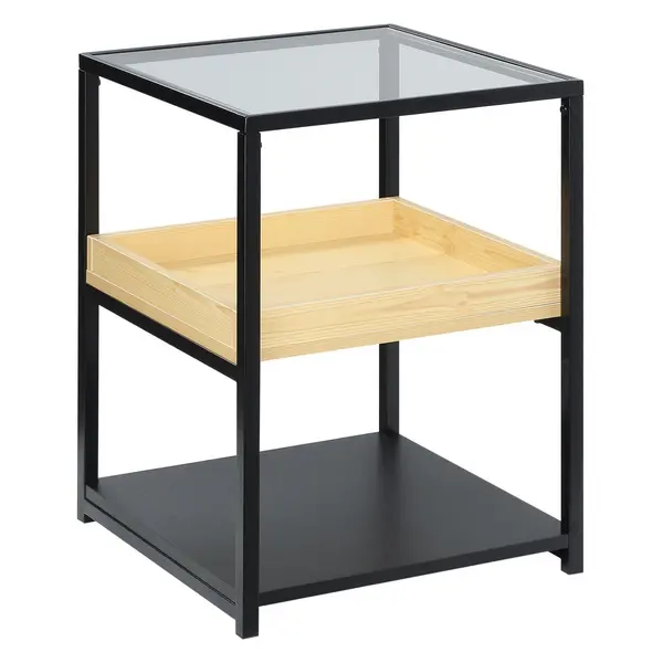Image of HOMCOM 3 Tier End Table with Storage Shelves Nightstand for Bedroom Light Brown