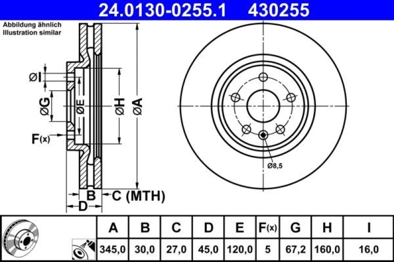 Image of Brake disc ATE 24.0130-0255.1