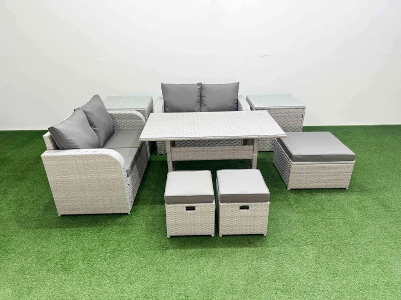 Image of Fimous 7 Seater Outdoor Love Sofa Set Rattan Garden Furniture Set with Rectangular Dining Table 3 Footstool 2 Side Tables Light Grey Light Grey