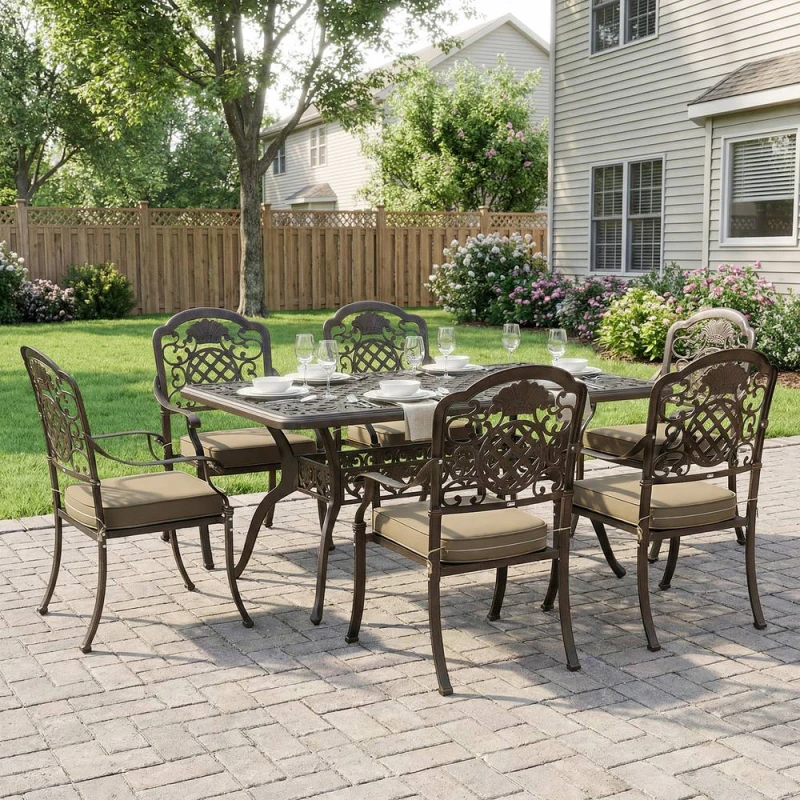Image of OUTSUNNY Outdoor Dining Set with Cushions, Parasol Hole, Bronze Tone Size: 150cm x 90cm Bronze Unisex 150cm x 90 cm