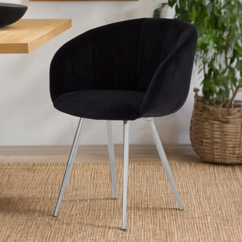 Image of Orsina Black Velvet Chair, Backrest Dining Chair, Easy To Clean Swivel Dining Armchair, Comfortable Armchair