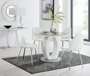 Image of Giovani Round 4 Seat 100cm White High Gloss Halo Base Grey Glass Top Dining Table 4 Soft Faux Leather Silver Leg Corona Chairs
