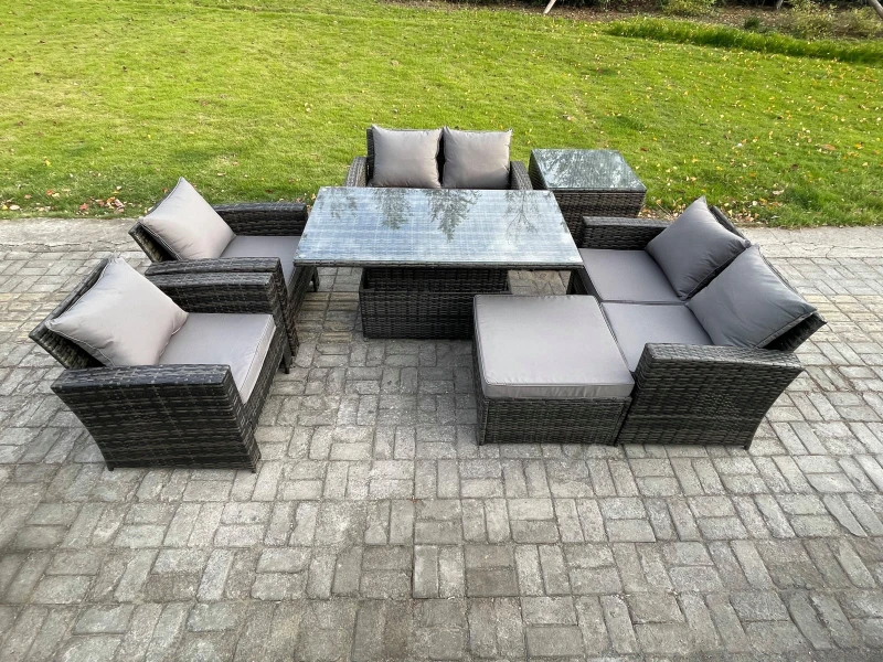 Image of Fimous Rattan Garden Furniture Sets 7 Seater Patio Outdoor Rising Lifting Table Sofa Set with Double Seat Sofa Side Table in Dark Grey Dark Grey Unise