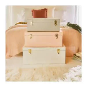 image of BTFY Metal Storage Trunks Set of 3 Grey White Blush Suitcase