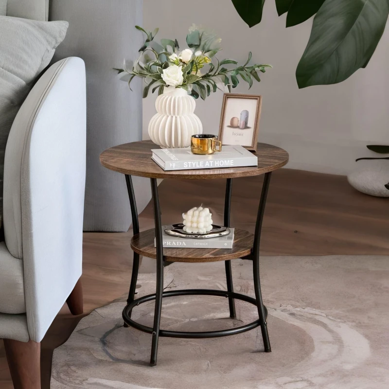 Image of Rafaelo Mobilia Industrial Round Coffee Table With 2 Shelves in Brown Brown Unisex