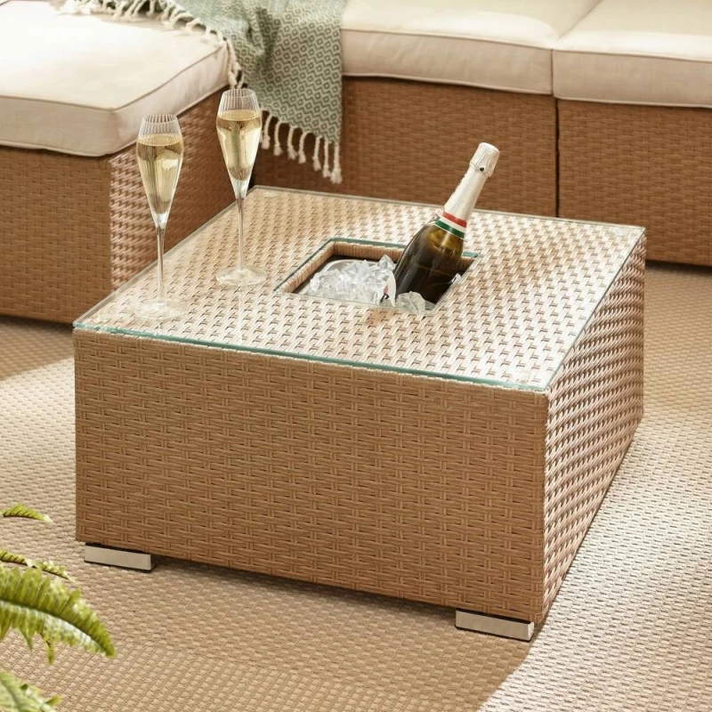 Image of FurnitureboxUK Orlando Rattan Garden Coffee Table with Central Ice Bucket in Beige Beige Unisex