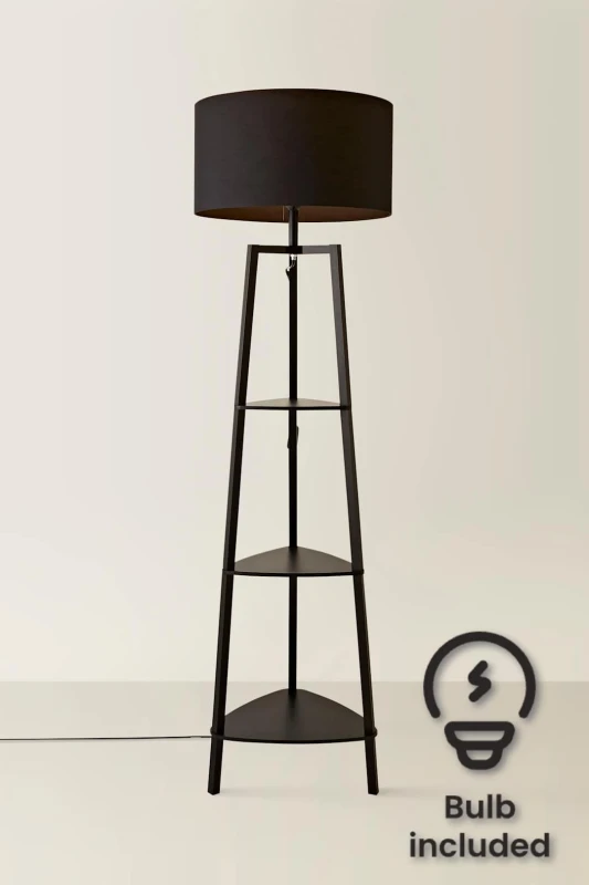 Image of ValueLights ValueLights Hiru Black 3 Tier Shelf Floor Lamp with Large Drum Shade and Bulb Black One Size Unisex 5059406034367