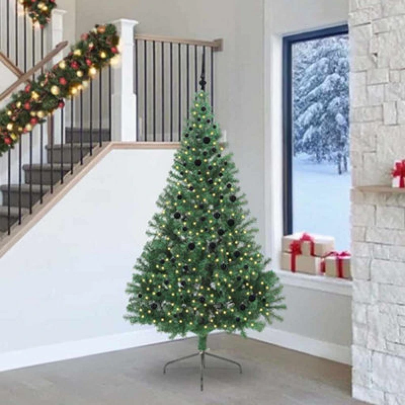 Image of vidaXL Artificial Pre-lit Christmas Tree with Black Balls Green 240cm PVC, Green 3397038