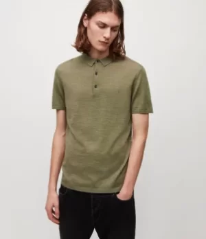 Image of AllSaints Mens Mode Merino Short Sleeve Polo Shirt, Moss Green Marl, Size: L