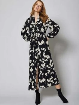 Image of Mint Velvet Abi Floral Print Tie Neck Midi Dress - Black