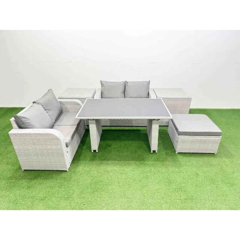 Image of Fimous 6 Pieces Outdoor PE Rattan Sofa Set with 2 Side Tables Big Stool in Light Grey Light Grey Unisex