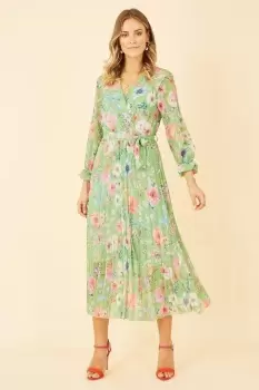 Image of Green Floral Pleated Wrap Midi Dress