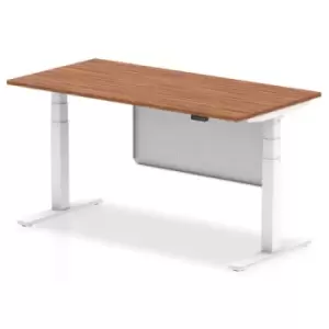 image of Air 1600 x 800mm Height Adjustable Desk Walnut Top White Leg With White Steel Modesty Panel