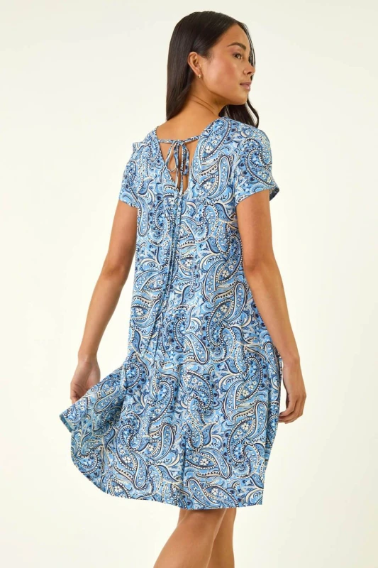 Image of Roman Womens Petite Paisley Pocket Swing Dress in Blue Size: 10 Blue Female 10