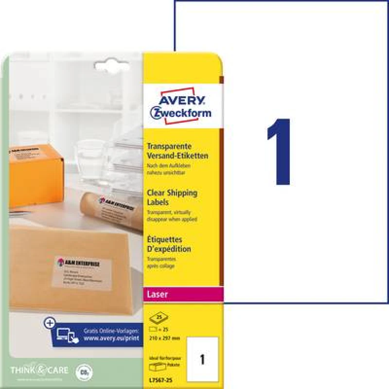 Image of Avery-Zweckform Avery-Zweckform L7567-25 Address labels 210 x 297mm Polyester film Transparent 25 pc(s) Permanent adhesive Laser printer, Laser, colo