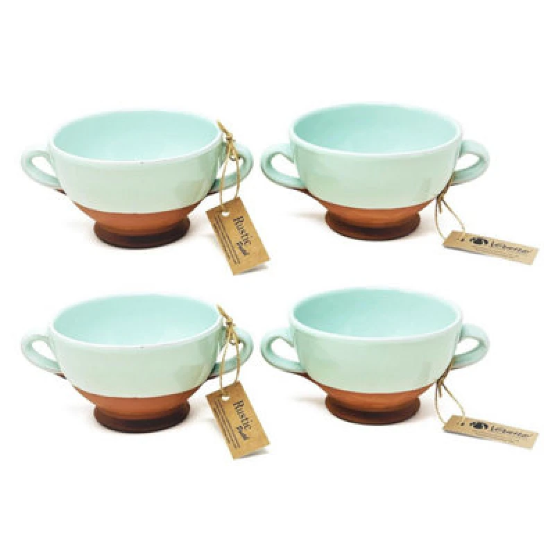 Image of Verano Spanish Ceramics Rustic Pastel Half Dipped Terracotta Kitchen Dining Set Of 4 Soup Bowls Pale Green (Diam) 14.5Cm