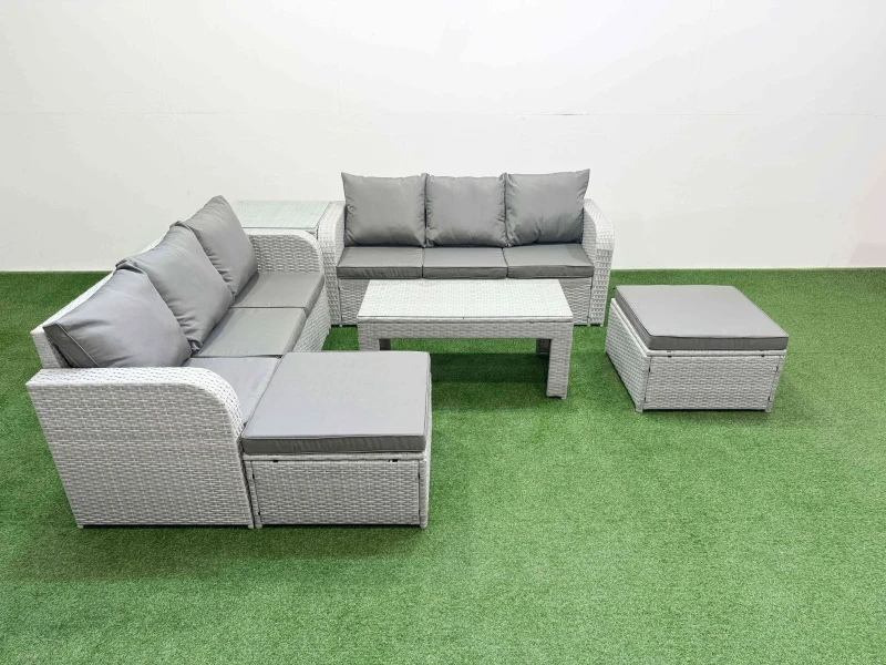 Image of Fimous Outdoor Garden Furniture Sets 8 Seater Wicker Rattan Furniture Sofa Sets with Oblong Coffee Table high Back Lounge Sofa 2 Big Footstool Side Ta