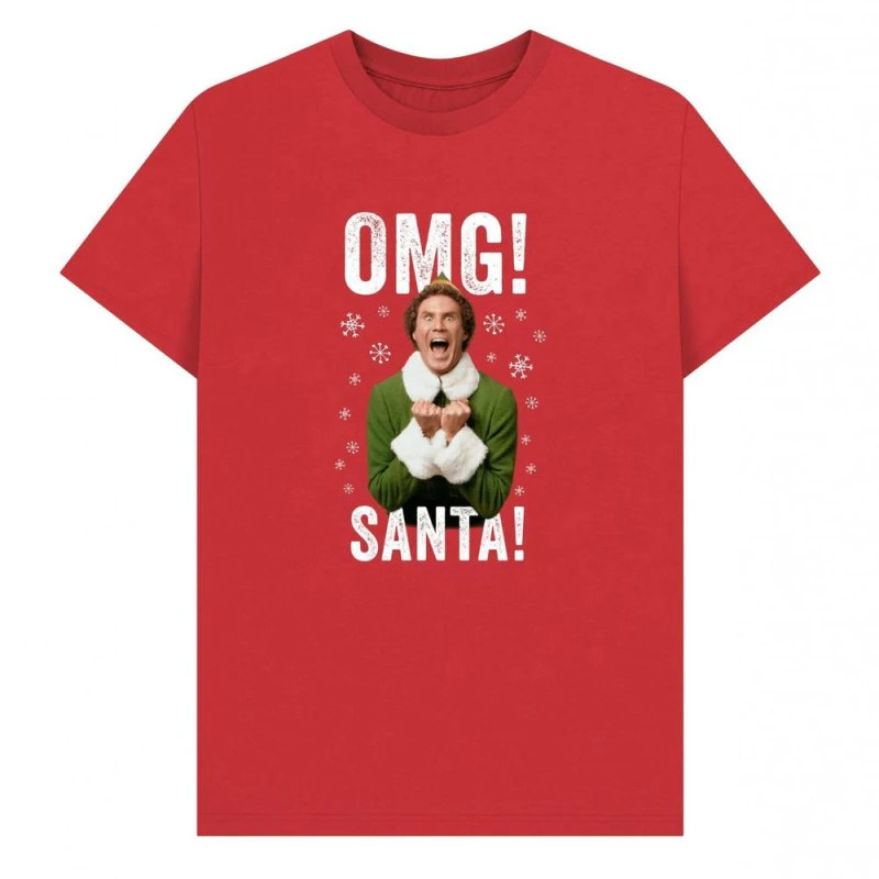 Image of Elf Mens OMG Santa Graphic T-Shirt in Red Size: Small Red Male S