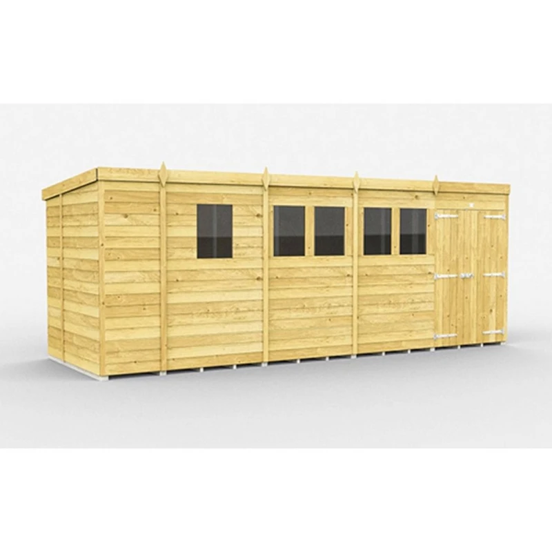 Image of Buttercup Farm 17 x 6 Feet Pent Shed - Double Door W/ Windows - L178 x W492 x H201cm in Brown Brown Unisex