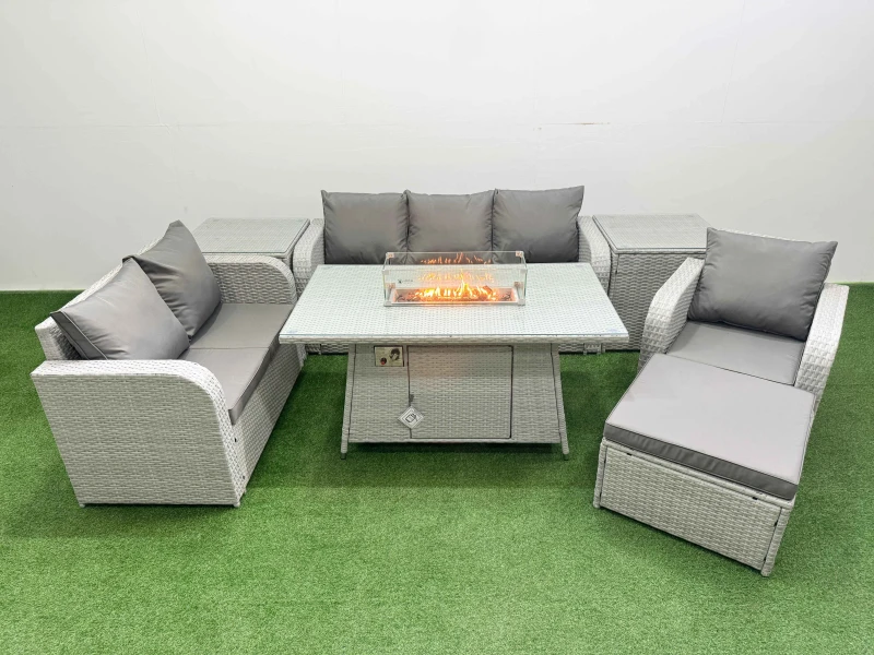 Image of Fimous Patio PE Wicker 7 Seater Outdoor Rattan Furniture Sofa Sets with Firepit Dining Table Loveseat Sofa Big Footstool 2 Side Table