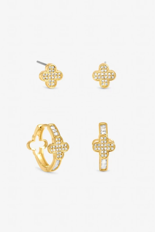 Image of Jon Richard Womens Gold Plated & Pave Clover Hoop Earrings - Pack of 2 Gold Female One Size