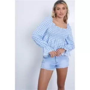 I Saw It First Blue Radiance Marl Gingham Shirred Waist Puff Sleeve Blouse - Blue