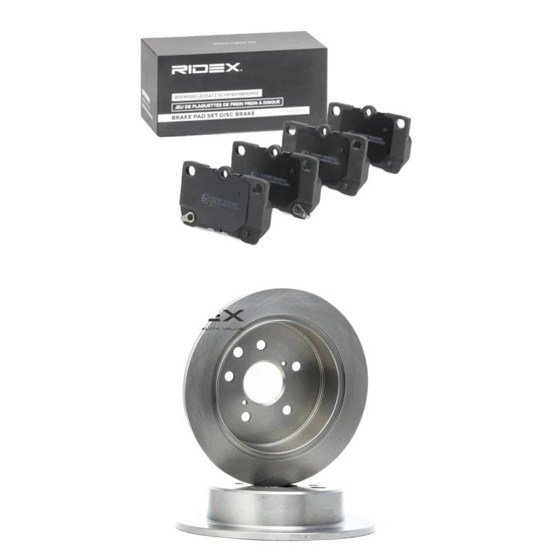 Image of RIDEX 3405B2192 Brake disc and pads set Rear Axle, Brake Disc Type: Solid, with acoustic wear warning Brake Set,disc brakes (3405)
