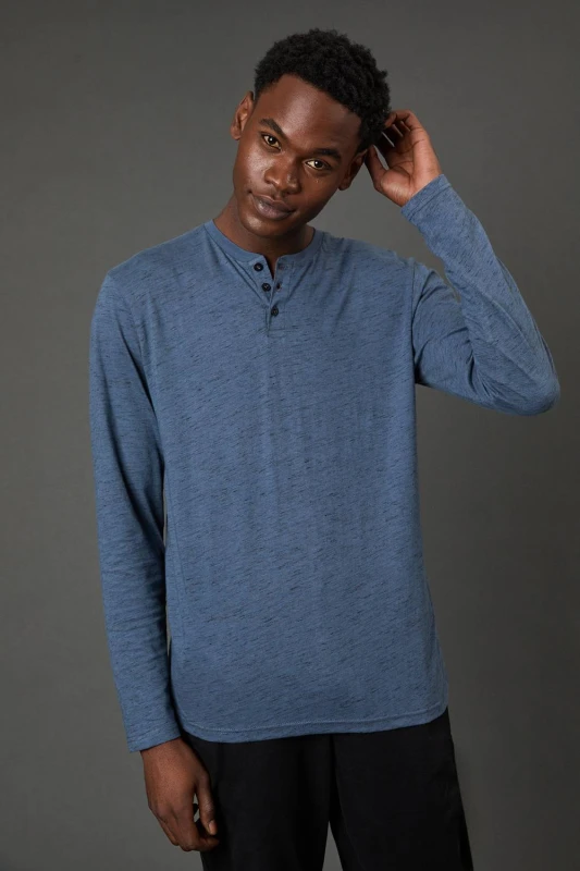 Image of Debenhams Debenhams Men Blue Long Sleeve Slub Grandad Neck T-Shirt Size: 2X-Large Blue 2X-Large Male 5045773048625