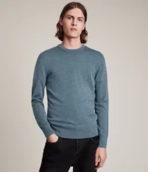 Image of AllSaints Mens Merino Wool Mode Crew Jumper, Blue, Size: XS