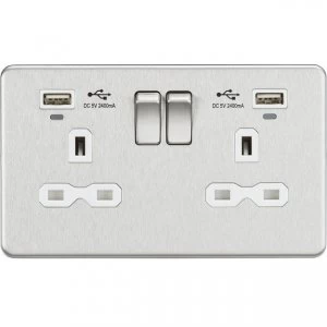 Image of 5 PACK - 13A 2G Switched Socket, Dual USB (2.4A) with LED Charge Indicators - Brushed Chrome w/white insert