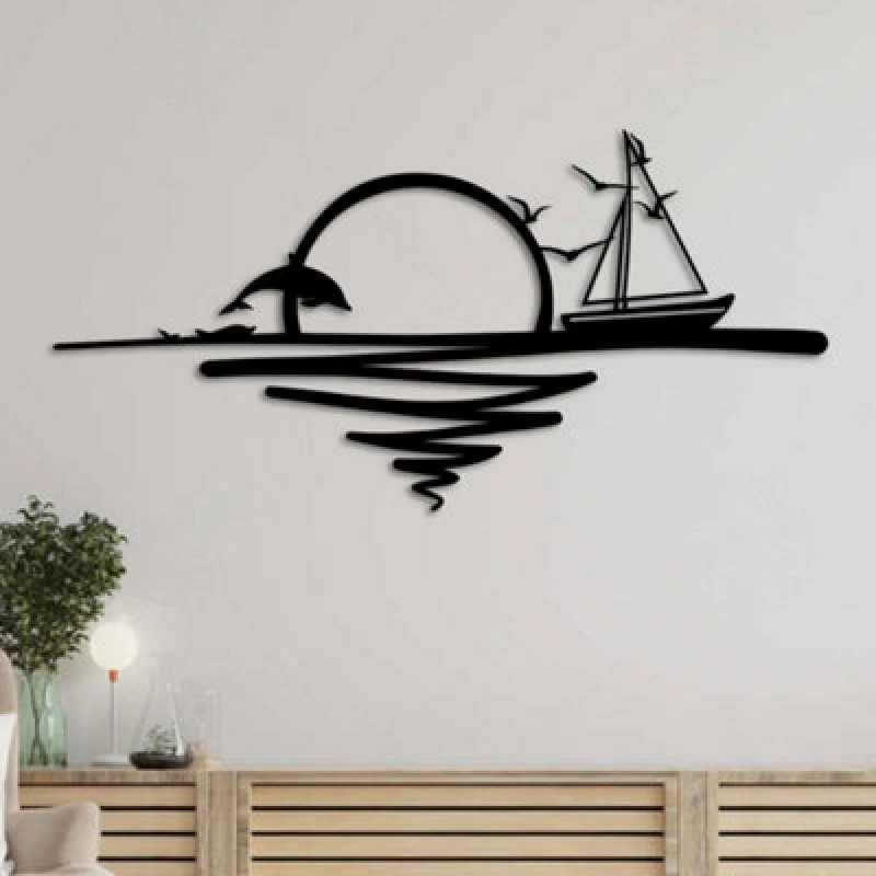 Image of Decortie Sunrise And Sailing Boat Large Metal Wall Art 120X59Cm Textured Black