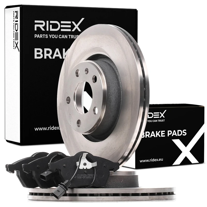 Image of RIDEX 3405B0991 Brake disc and pads set Front Axle, Brake Disc Type: Vented, incl. wear warning contact Brake Set,disc brakes (3405)